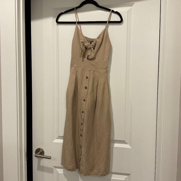 Tan spaghetti strap midi dress with knitted top and buttoned front - Picture 1 of 2